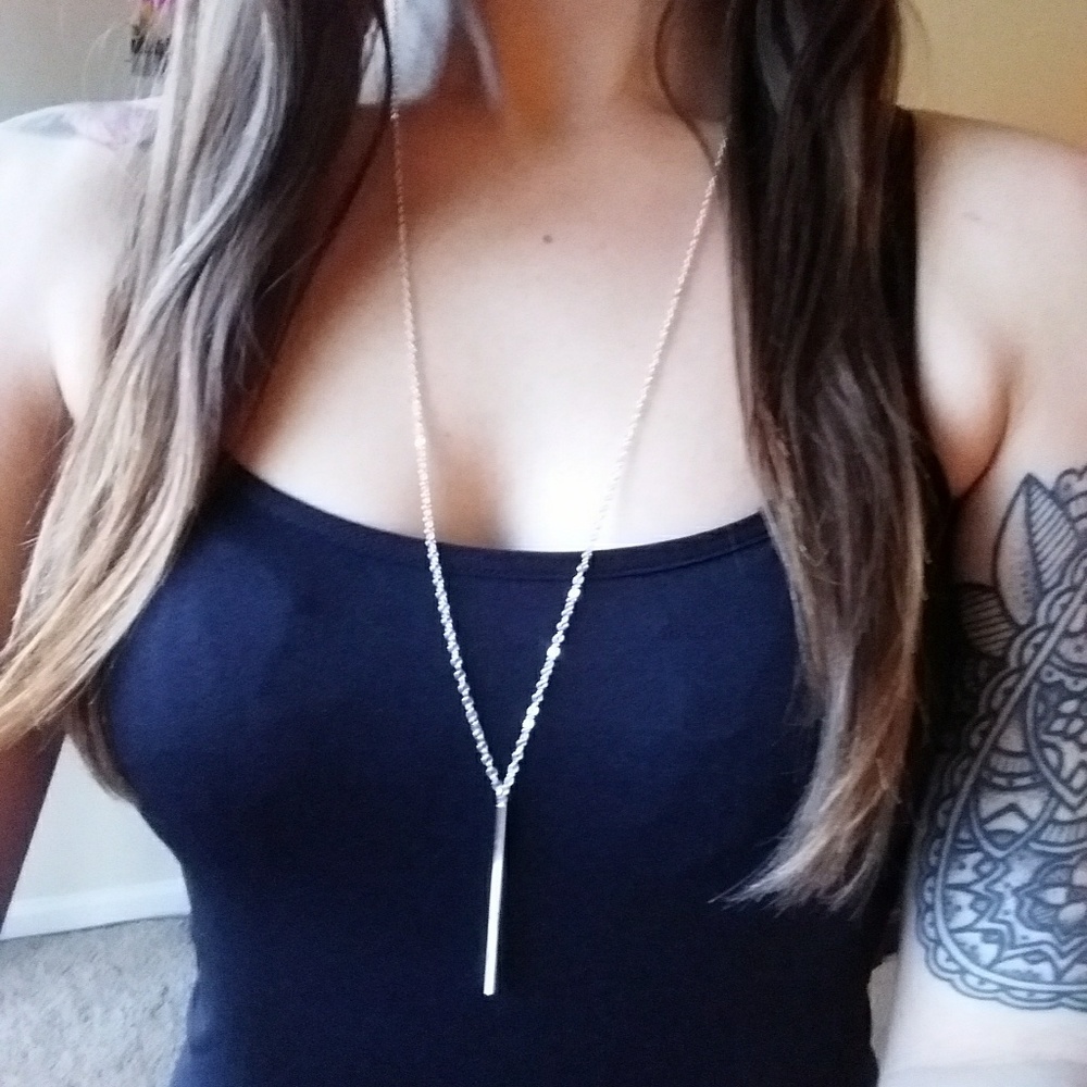NEW Long Silver Tone Bar Necklace - Picture 1 of 3